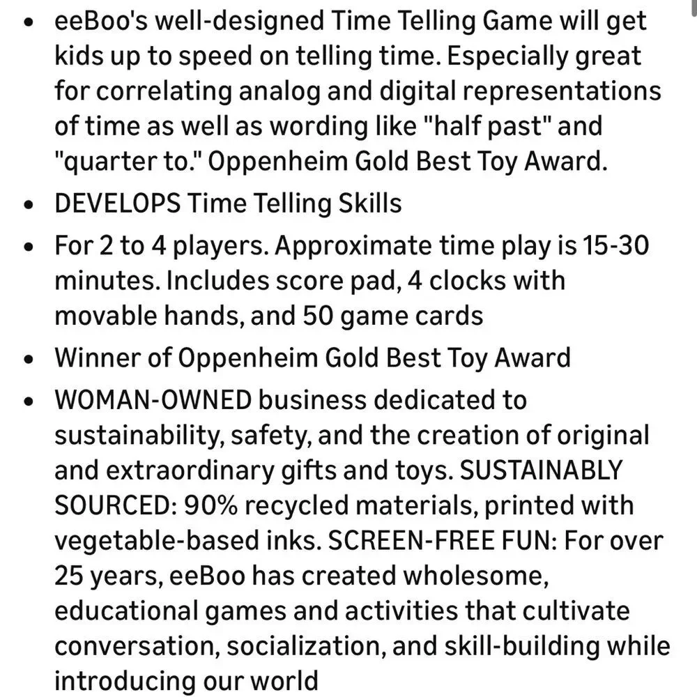 eeBoo Time Telling Kids Educational Clock Game. 2-4 Players.